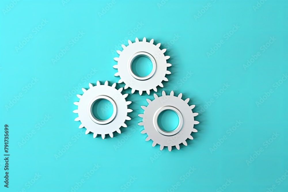 Three white gears on a Cyan background, laid flat, copy space concept for business technology and development in the abstract vector with copy space for photo text or product, blank empty copyspace