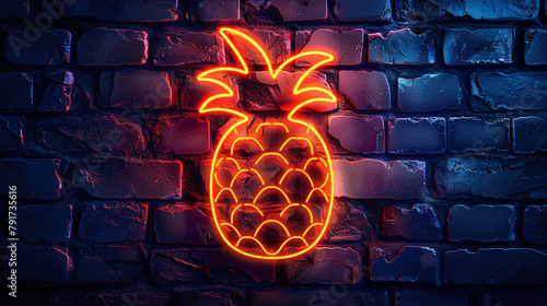 Glowing Neon Pineapple Sign on Blue Brick Wall Artistic Illumination