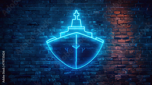 Blue Neon Top Spinning Light on Dark Brick Wall Background photo