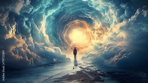 Lonely figure in cloudy tunnel, concept of entrance to the afterlife
