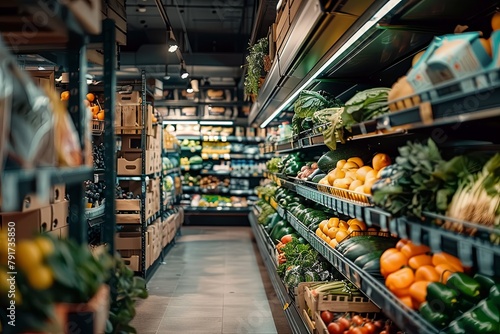 Vibrant grocery store aisle with an array of fresh produce and wholesome foods