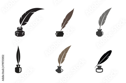 Feathers Ink Bottles Collection Logo Symbol Vector Icons Design Illustration