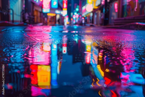 Puddle of rain water after rainfall in concrete city jungle with rain soaked street reflecting the colorful neon lights