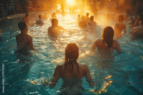 A crowd revels in a geothermal pool as the sun casts a golden glow, epitomizing relaxation and communal bliss photo