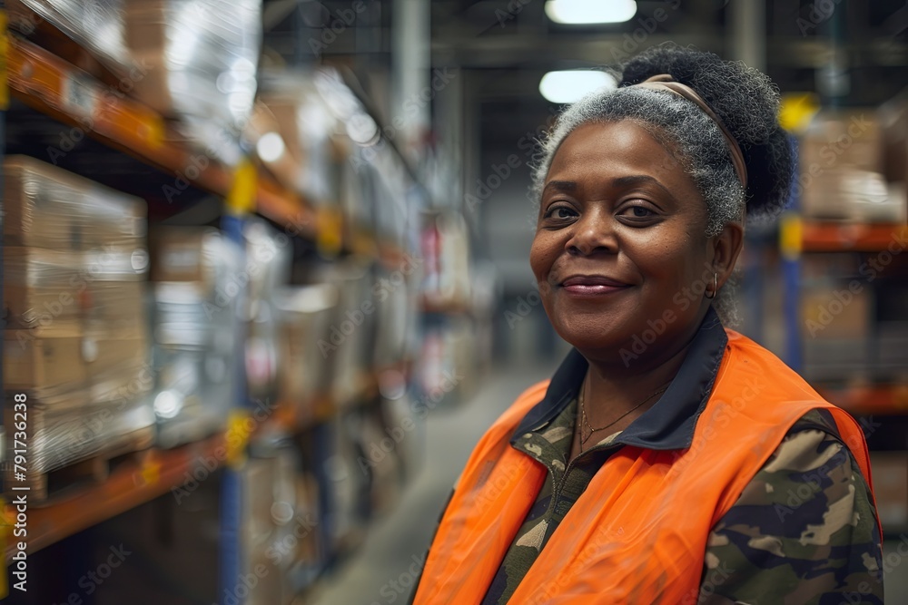 Smiling portrait of a middle aged female warehouse worker Smiling portrait of a middle aged female warehouse worker