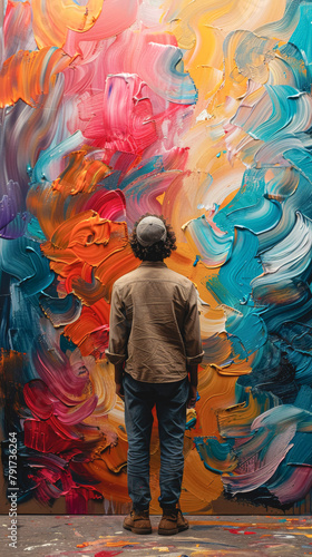 A male artist stands in front of a wall painted with different colors. © puhimec