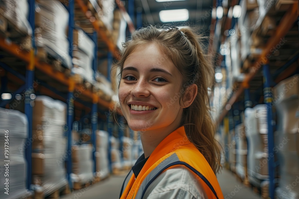 Smiling portrait of a young female warehouse worker Smiling portrait of a young female warehouse worker