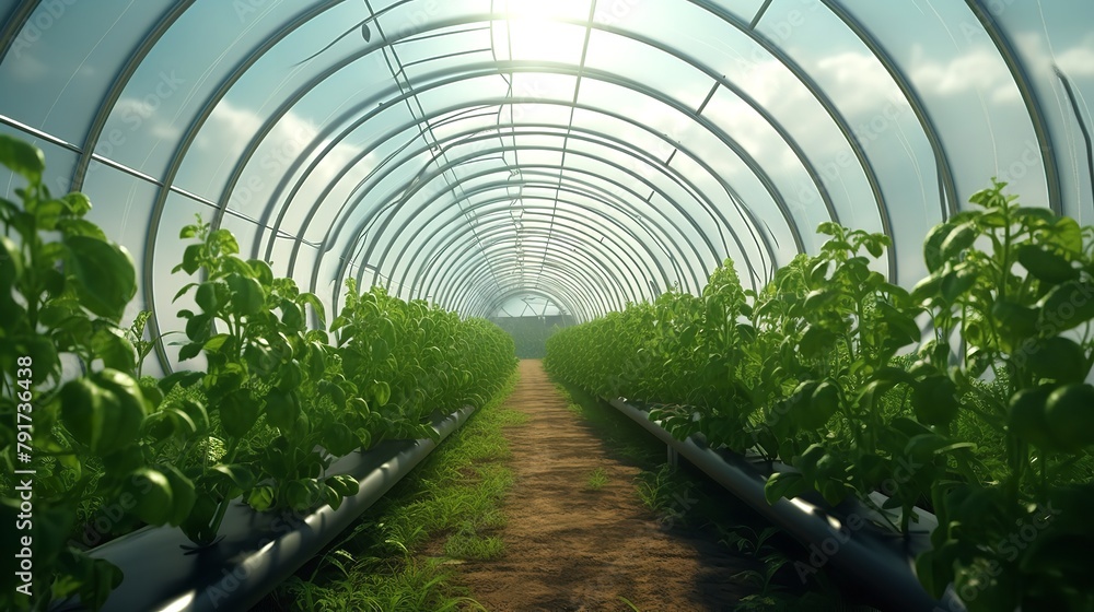 Greenhouse Tunnel with Young Fresh Organic Vegetables Greenhouse Tunnel with Young Fresh Organic Vegetables