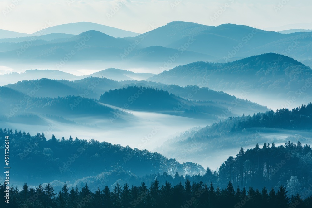 Obraz premium Aerial view of misty fogy mountains.