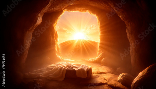 The Resurrection of Jesus. Empty tomb with crucifix at dawn. flare Effects and Bokeh Lights.