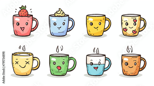 Colorful Cute Cartoon Coffee Mugs with Faces Hot Beverage Cups Illustration