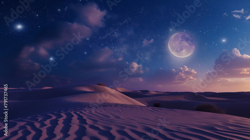  A surreal desert landscape at night  with a full moon casting a soft glow on the sand dunes and twinkling stars filling the sky.