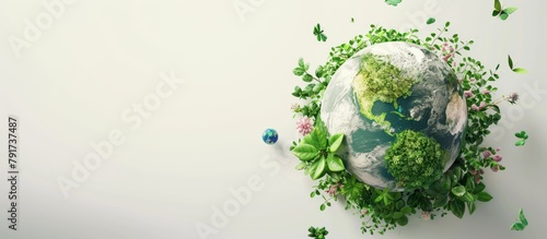 illustration of an earth globe surrounded with green plants and copy space on a white background for an earth themed card poster banner design