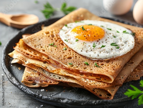  Breakfast with pancakes, fried egg, and syrup on a wooden cutting board 