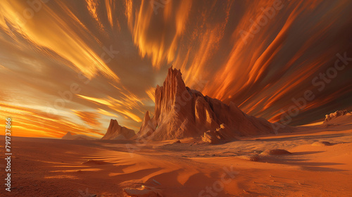 A surreal desert scene with towering sandstone formations, sculpted by wind and time, set against a dramatic sky with streaks of orange and red.