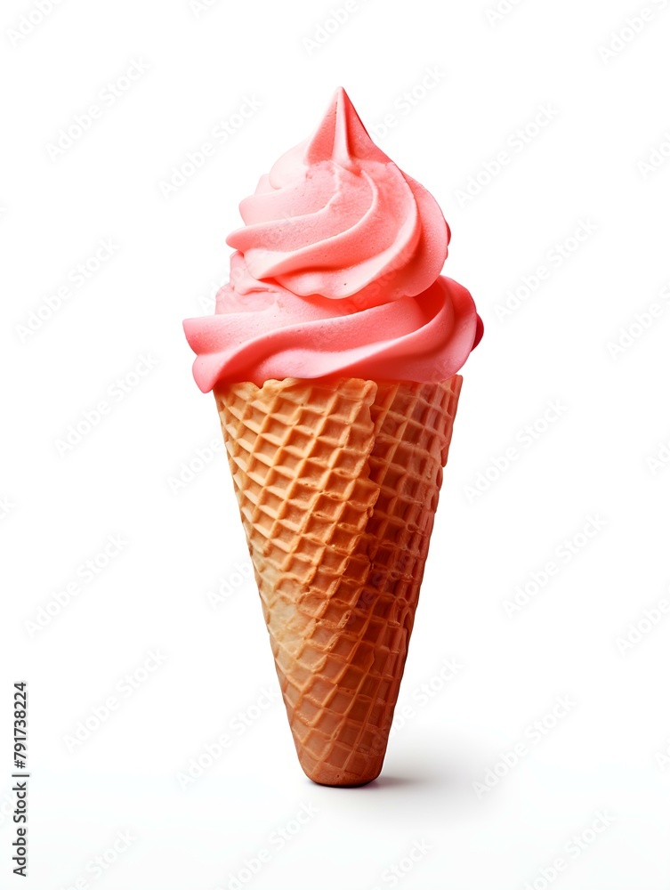 Light Red Ice Cream in a Waffle Cone on a white Background. Template with Copy Space Light Red Ice Cream in a Waffle Cone on a white Background. Template with Copy Space