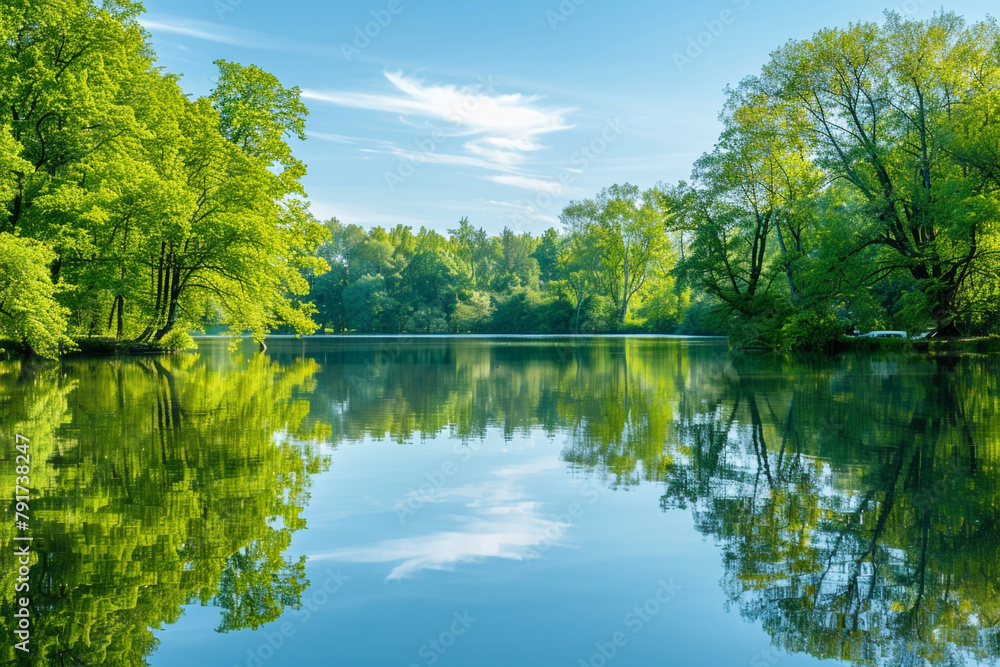 A serene lake reflecting the lush greenery of surrounding trees under the clear blue sky.