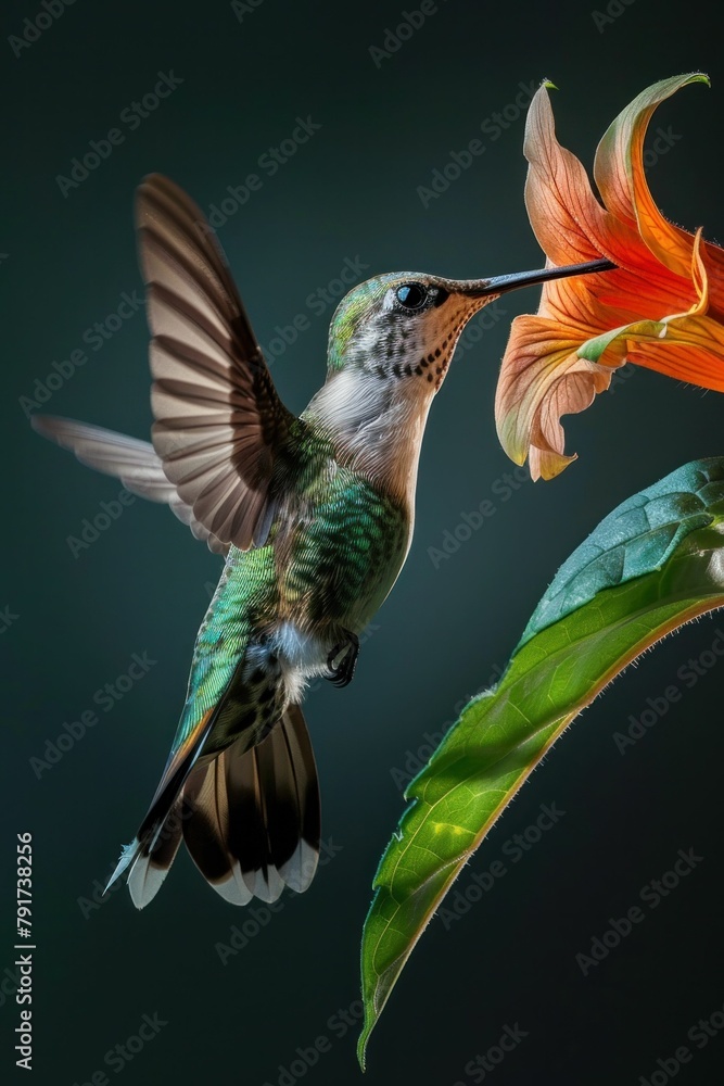 Fototapeta premium Beautiful Hummingbird Feeding on Flower Against Dark Background in Nature Wildlife CloseUp Photo