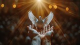 Human hands open palm up worship. Eucharist Therapy Bless God Helping Repent Catholic Easter Lent Mind Pray. Christian Religion concept background. Winged dove Testament Holy Spirit Religious