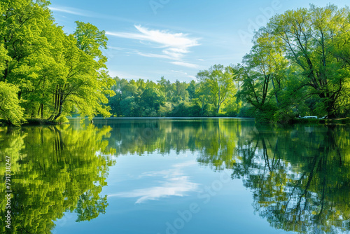 A serene lake reflecting the lush greenery of surrounding trees under the clear blue sky.