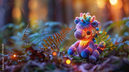 A colorful crocheted dragon toy sits in a forest at dusk with magical lights around