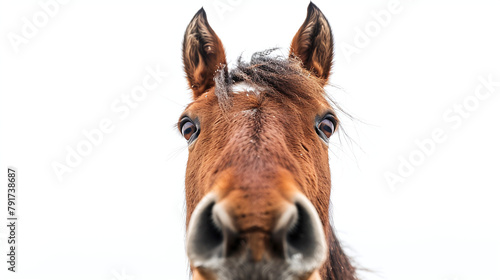 Close Up View of a Curious Brown Horse with a Frosted Mane on a Pale Background
