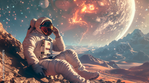 An astronaut in space galaxy, sitting rest on the moon  photo