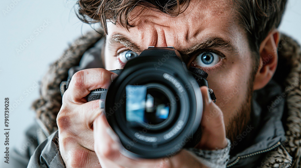Fototapeta premium Intense Male grapher Captures Through DSLR Camera Lens