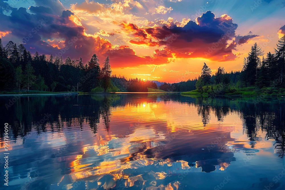 A serene lake reflecting the vibrant colors of a summer sunset.