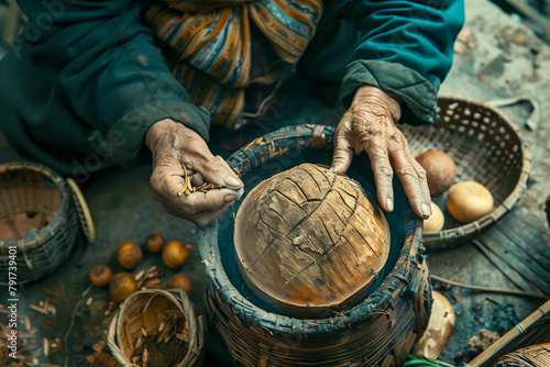 A man is holding a large wooden ball in a pot