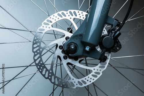 bicycle hydraulic brake disc. part of a bicycle close-up.