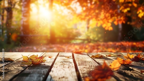 Beautiful empty wooden table with fall leaves, glowing sun set and blurry seasonal colors