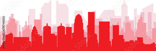 Red panoramic city skyline poster with reddish misty transparent background buildings of LOUISVILLE, UNITED STATES