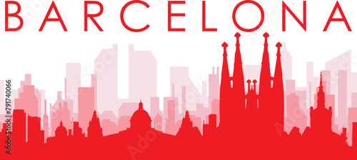 Red panoramic city skyline poster with reddish misty transparent background buildings of BARCELONA, SPAIN