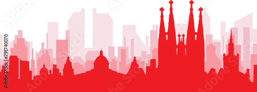 Red panoramic city skyline poster with reddish misty transparent background buildings of BARCELONA, SPAIN