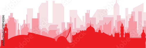 Red panoramic city skyline poster with reddish misty transparent background buildings of VALENCIA, SPAIN