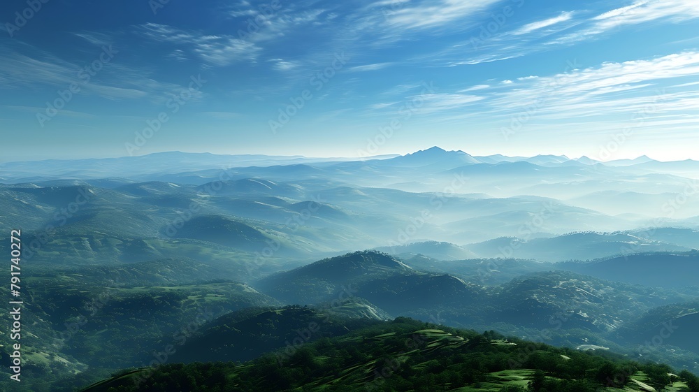 Distant Mountain Range with Layers of Ridges Fading into the Mist, Creating a Serene and Majestic Landscape


