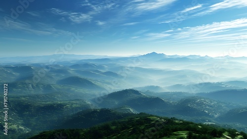 Distant Mountain Range with Layers of Ridges Fading into the Mist, Creating a Serene and Majestic Landscape