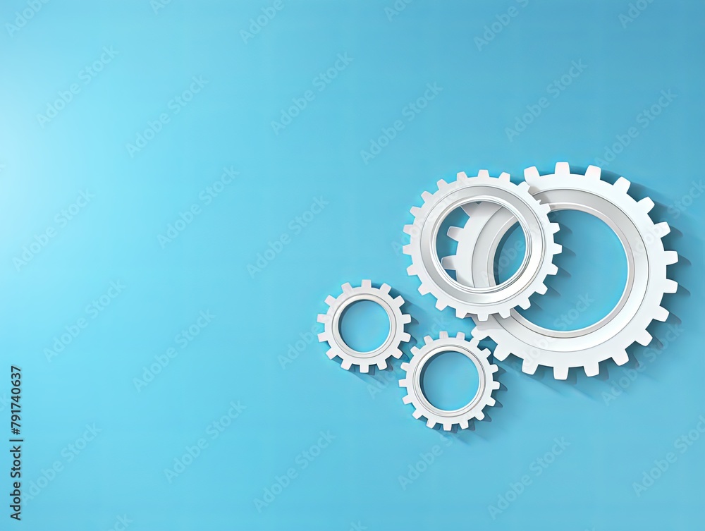 Three white gears on a Sky Blue background, laid flat, copy space concept for business technology and development in the abstract vector with copy space for photo text or product, blank empty copyspac