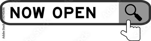 Search banner in word now open with hand over magnifier icon on white background