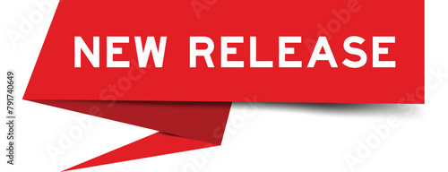 Red color speech banner with word new release on white background