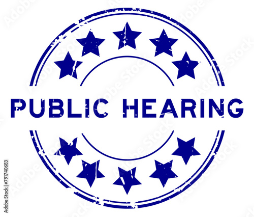 Grunge blue public hearing word with star icon round rubber seal stamp on white background