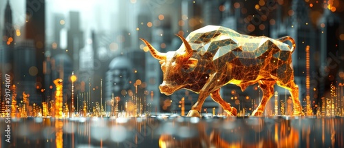 Futuristic digital bull superimposed on a cityscape background with glowing circuit board elements, symbolizing financial technology.