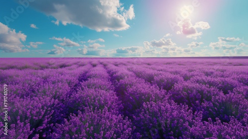 A vast field of blooming lavender, stretching to the horizon and creating a purple sea under a sunny blue sky.