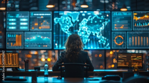 A businesswoman analyzing international financial markets on multiple digital screens in a high-tech office.
