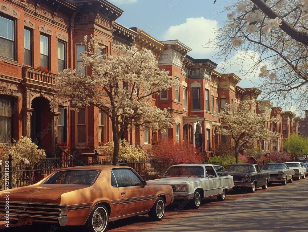 A row of old cars are parked on a street in front of a row of old brick buildings