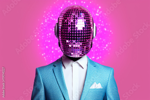 a person wearing a suit and a disco ball mask © VSTOCK