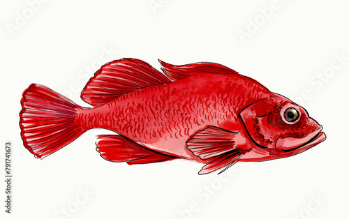 Red watercolor sea fish. Hand-drawn sketch