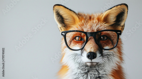 Smart Fox Wearing Black Glasses on Neutral Background