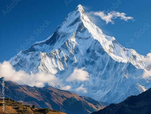 A mountain with a snow covered peak and a cloudy sky. The mountain is very tall and majestic